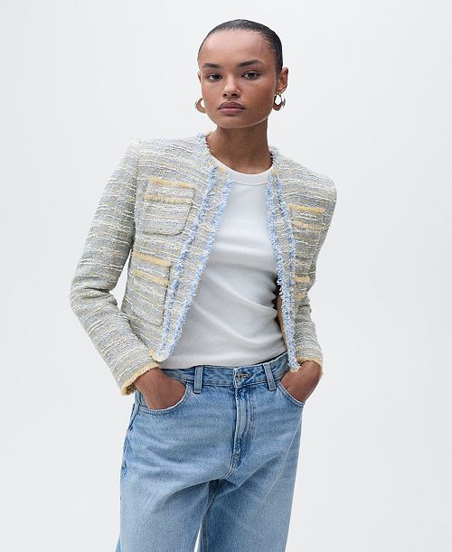 alfani MANGO Women's Frayed Ends Tweed Jacket Women's Fashion Shoes & Accessories