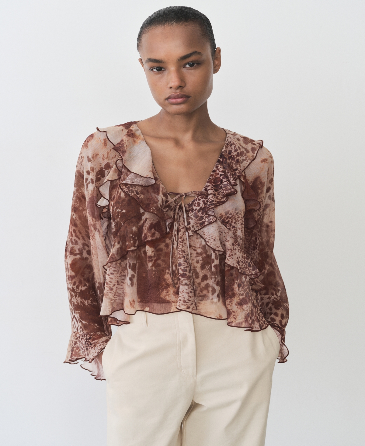 Women's Ruffles and Bow Detail Printed Blouse - Brown