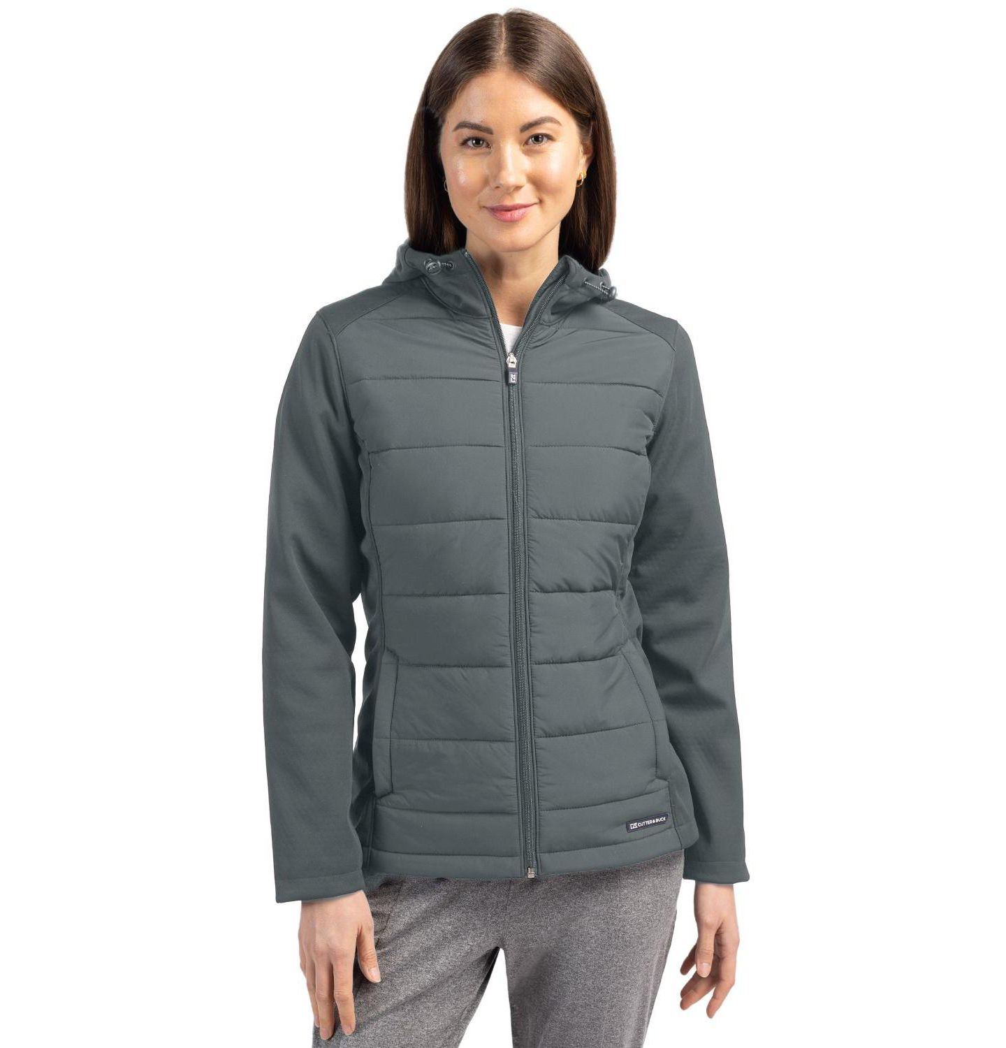 Женские куртки Cutter & Buck Evoke Hybrid Softshell Full Zip Hooded Long SleeveJacket, цвет: Серый — фото 1