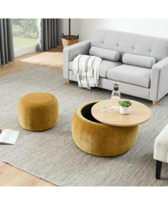Multifunctional Round Ottoman Coffee Table with Wood Lid Hidden Seat and Storage for Bedroom or Living Room No Assembly Needed