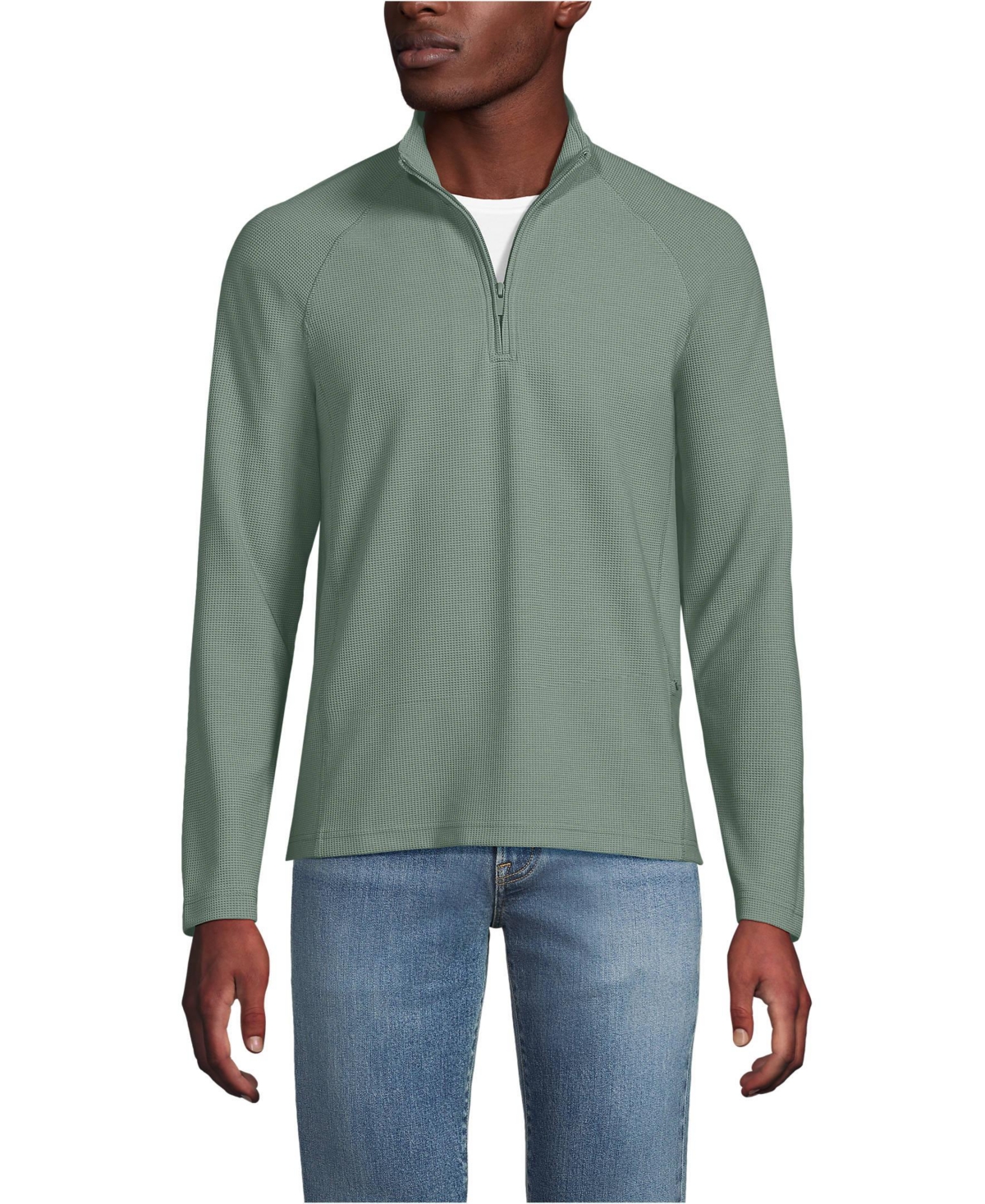 Lands' End Men's Long Sleeve Waffle Quarter Zip - Lily pad green