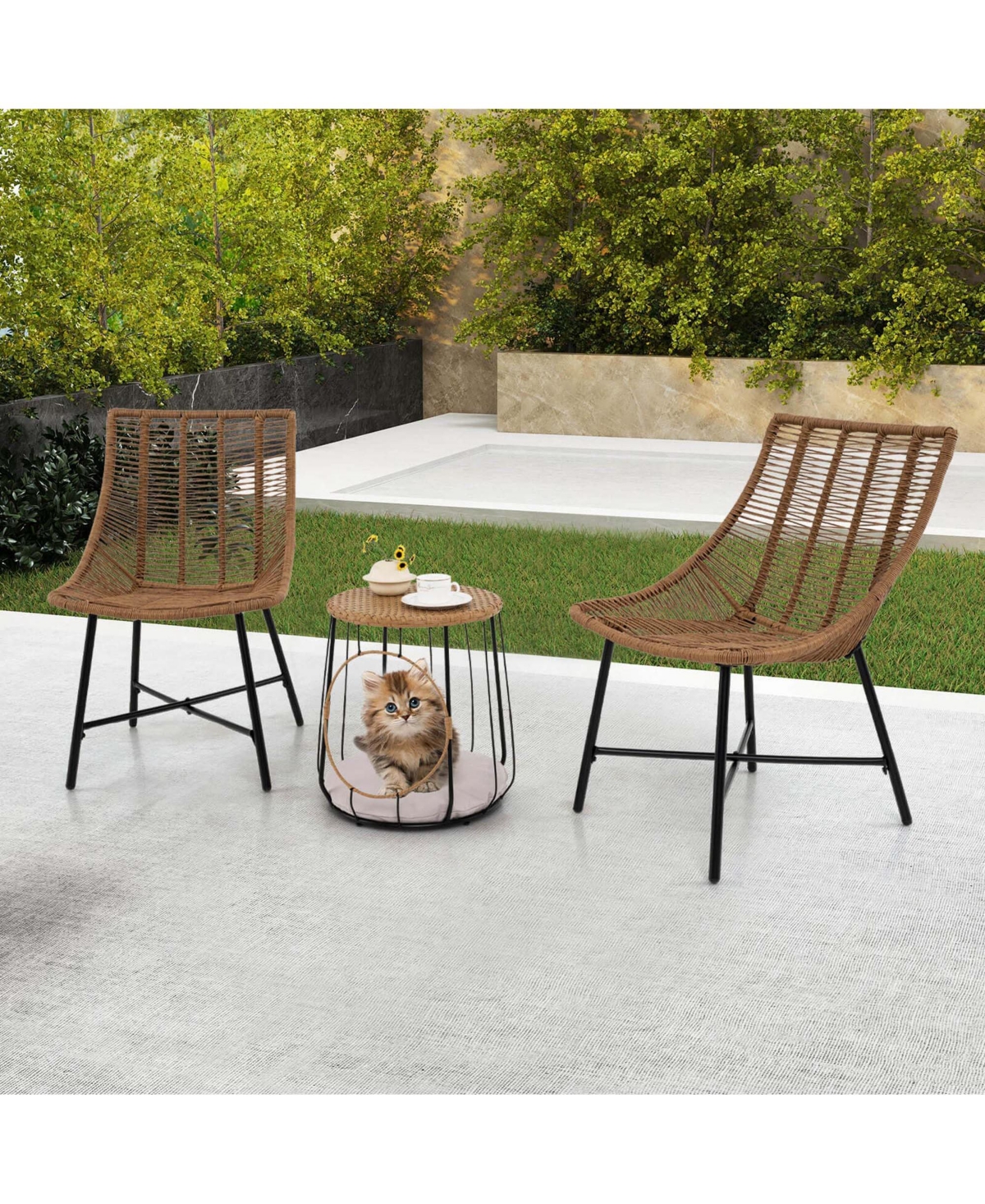 3 Pcs Outdoor Furniture Set with Pet House & Heavy Duty Metal Frame