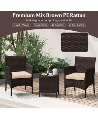 3 PCS Outdoor Conversation Set with Cushioned Seat & Tempered Glass Tabletop