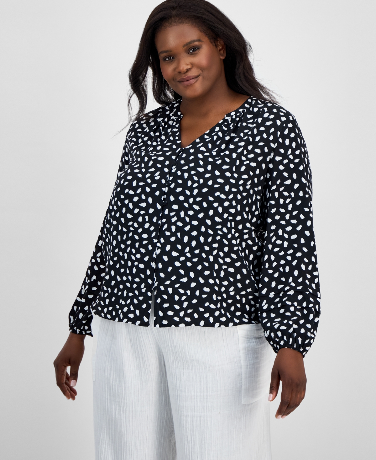 ON 34TH TRENDY PLUS SIZE PAINT DOT BUTTON-FRONT BLOUSE, EXCLUSIVELY AT MACY'S 