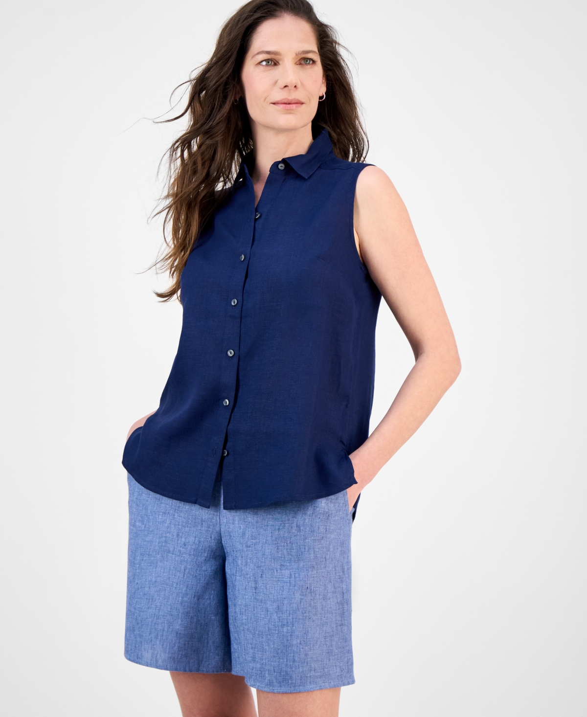 CHARTER CLUB WOMEN'S 100% LINEN SLEEVELESS BUTTON-FRONT SHIRT, EXCLUSIVELY AT MACY'S 