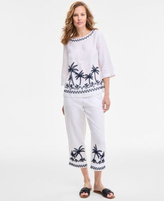Womens Palm Applique 100 Linen Top Woven Applique 100 Linen Pull On Cropped Pants Exclusively At Macys