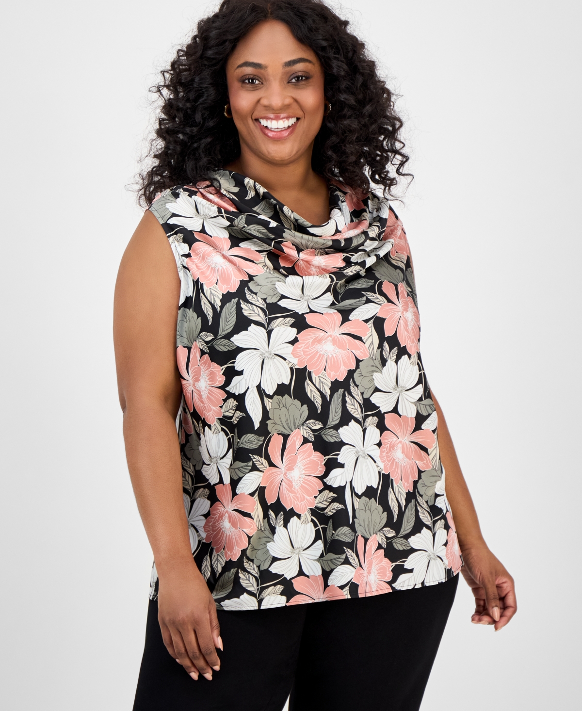 Plus Size Floral-Print Draped-Neck Top - Seaglass Multi