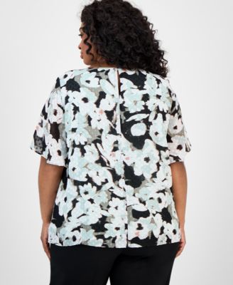 Plus Size Floral-Print Clip-Dot Shirt