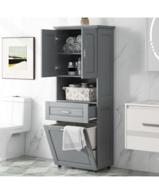 Tall Bathroom Cabinet with Laundry Basket, Large Storage Space Tilt-Out Laundry Hamper and Upper Storage Cabinet, Grey