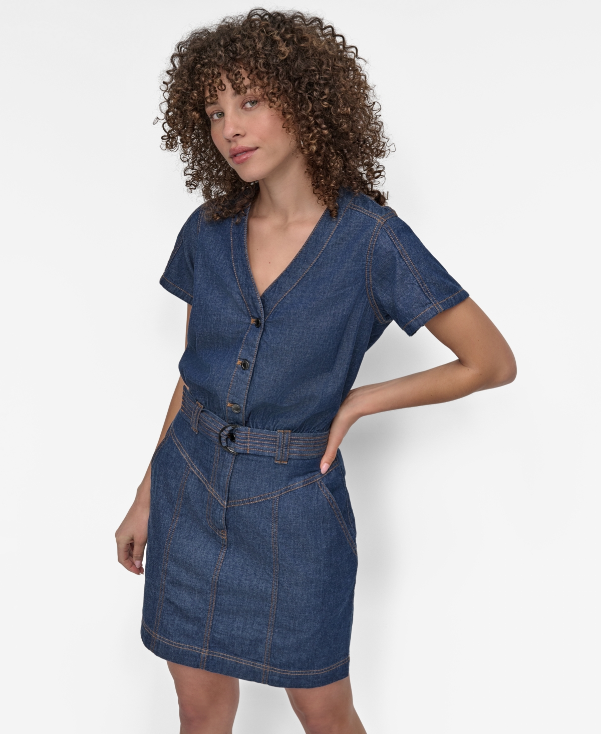 Dkny Short Sleeve Denim Shirtdress In Blue