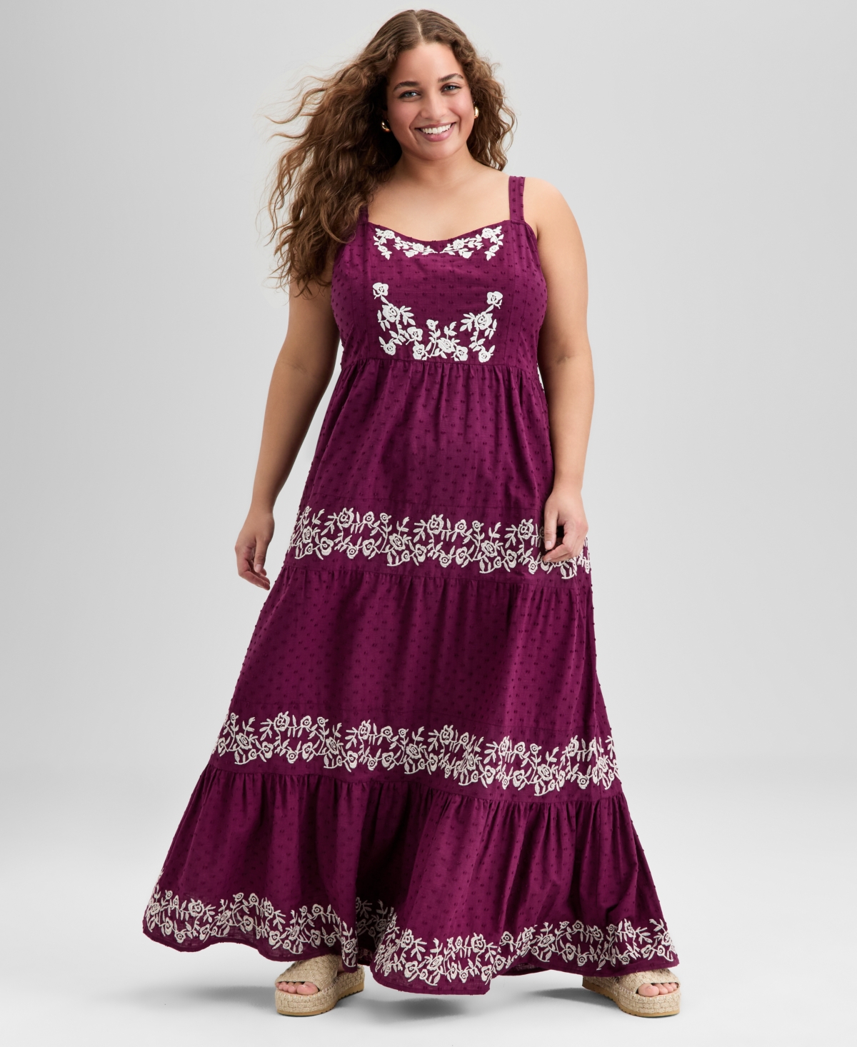 Trendy Plus Size Cotton Swiss Dot Embroidered Maxi Dress, Exclusively at Macy's - Cranberry
