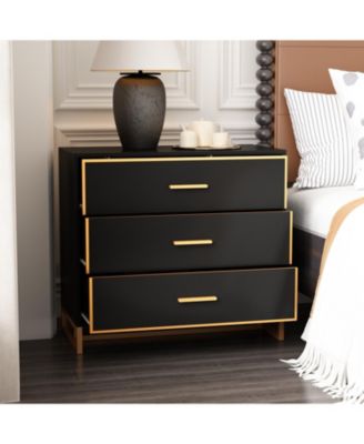 Bedside table with 3 drawers, side table with gold metal handles and feet, end table in black wood, suitable for bedrooms, living rooms, offices