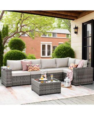 Patio Furniture Set,6 Piece Outdoor Sectional Sofa Couch Set,Patio Conversation Set with Modular Wicker Chairs,Widened Armrest,Side Table,Orange Red