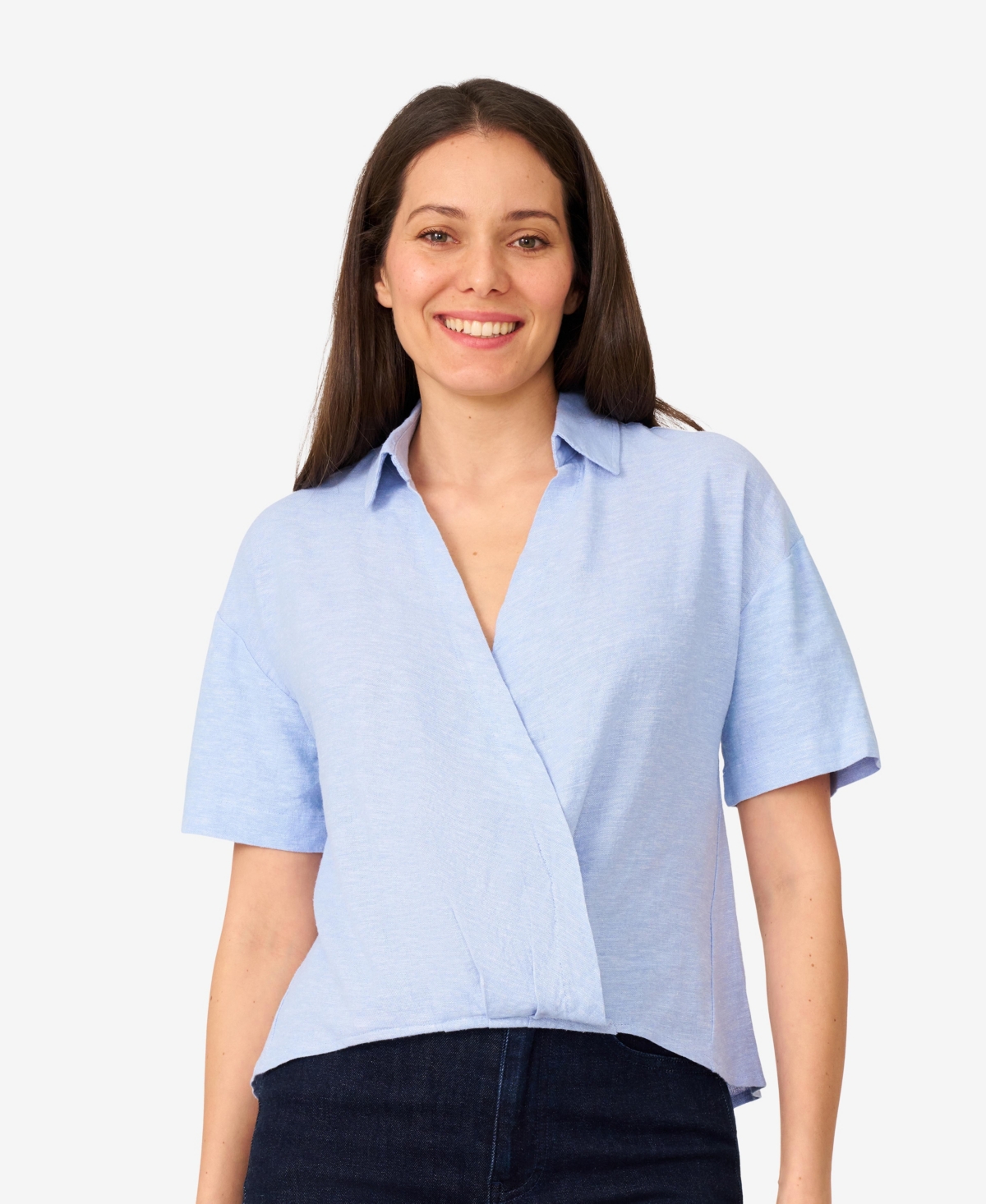 Women's Wrap Front Linen Blend Top - Chambray crossdye