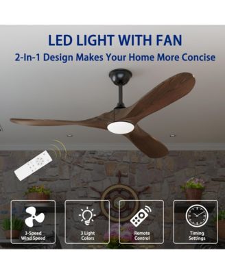 60 inch lighted ceiling fan, indoor and outdoor use, with remote control, reversible DC motor, noiseless, suitable for bedroom, living room, terrace, porch, solid wood, natural