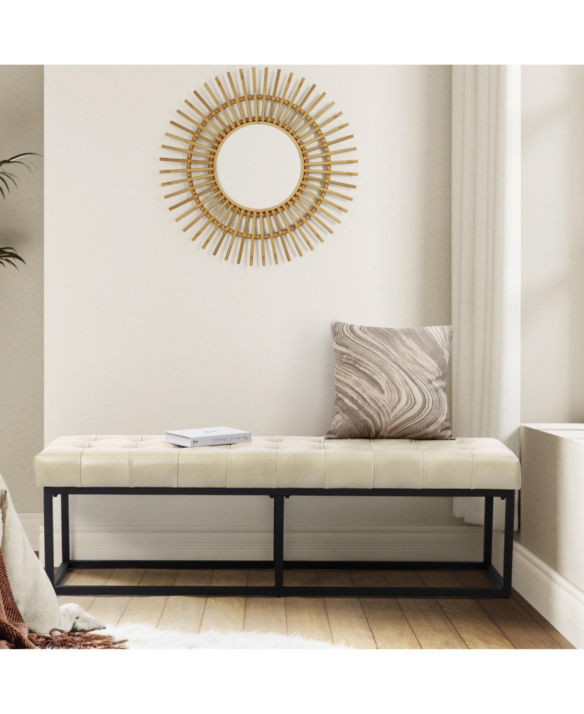 Narciso 60" Wide Bedroom Bench with Genuine Leather Top Cushion and Metal Base