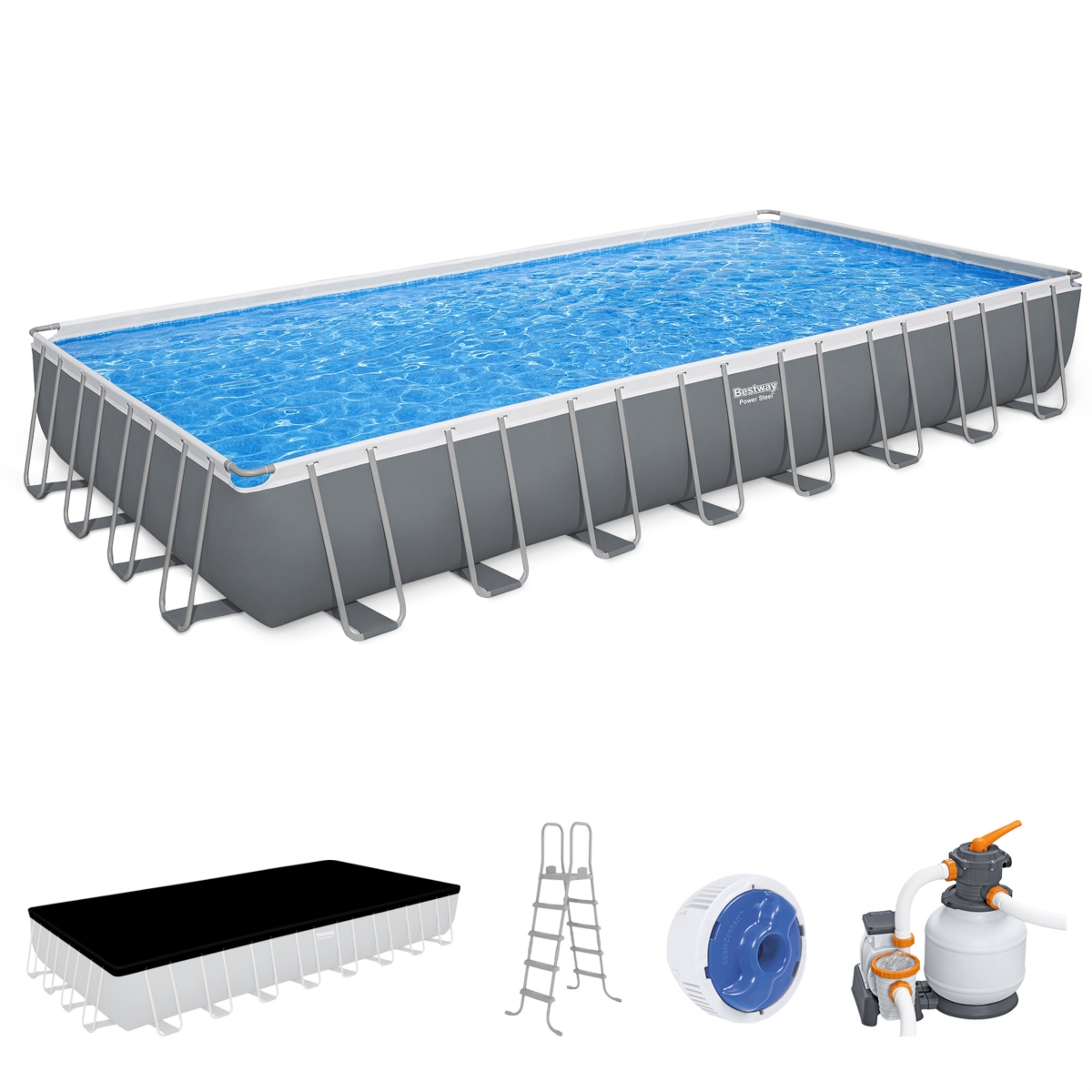 Power Steel 24' x 12' x 52&#x22; Rectangular Above Ground Swimming Pool Set - Grey