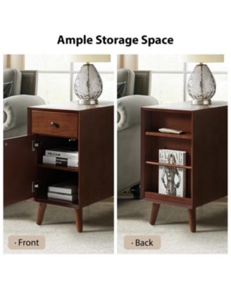 1Pc Mitch Mid-Century End Table with Storage Built-In Outlets & Cup Holder Tray Wood Side Table