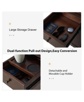 1Pc Mitch Mid-Century End Table with Storage Built-In Outlets & Cup Holder Tray Wood Side Table