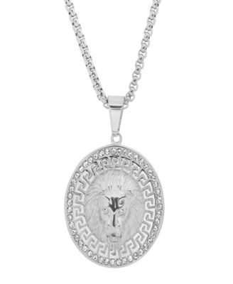 Men's Simulated Diamonds Round Lion Head with Greek Key Accents Pendant Necklace