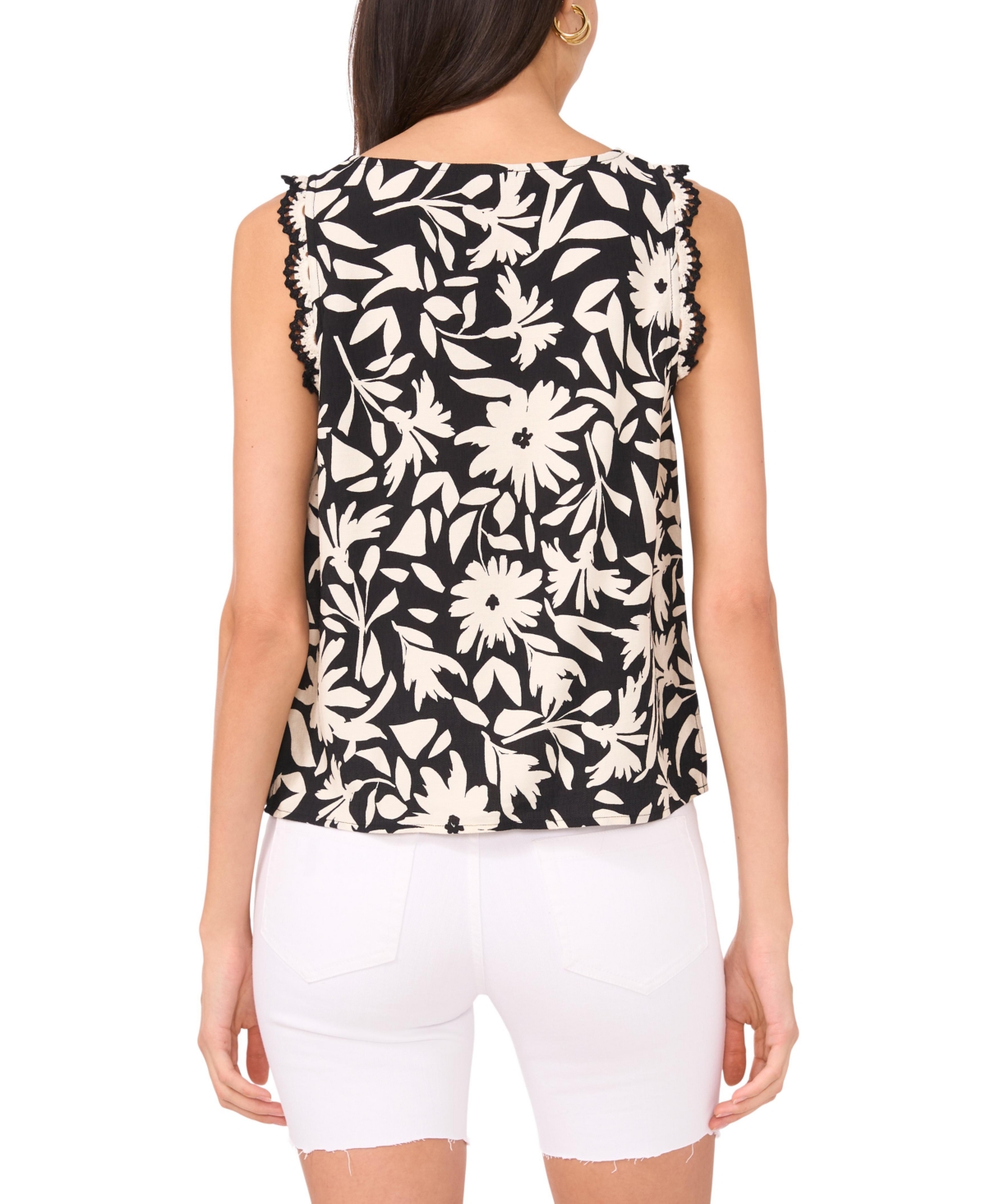 VINCE CAMUTO WOMEN'S FLORAL-PRINT CROCHETED-TRIM TOP 