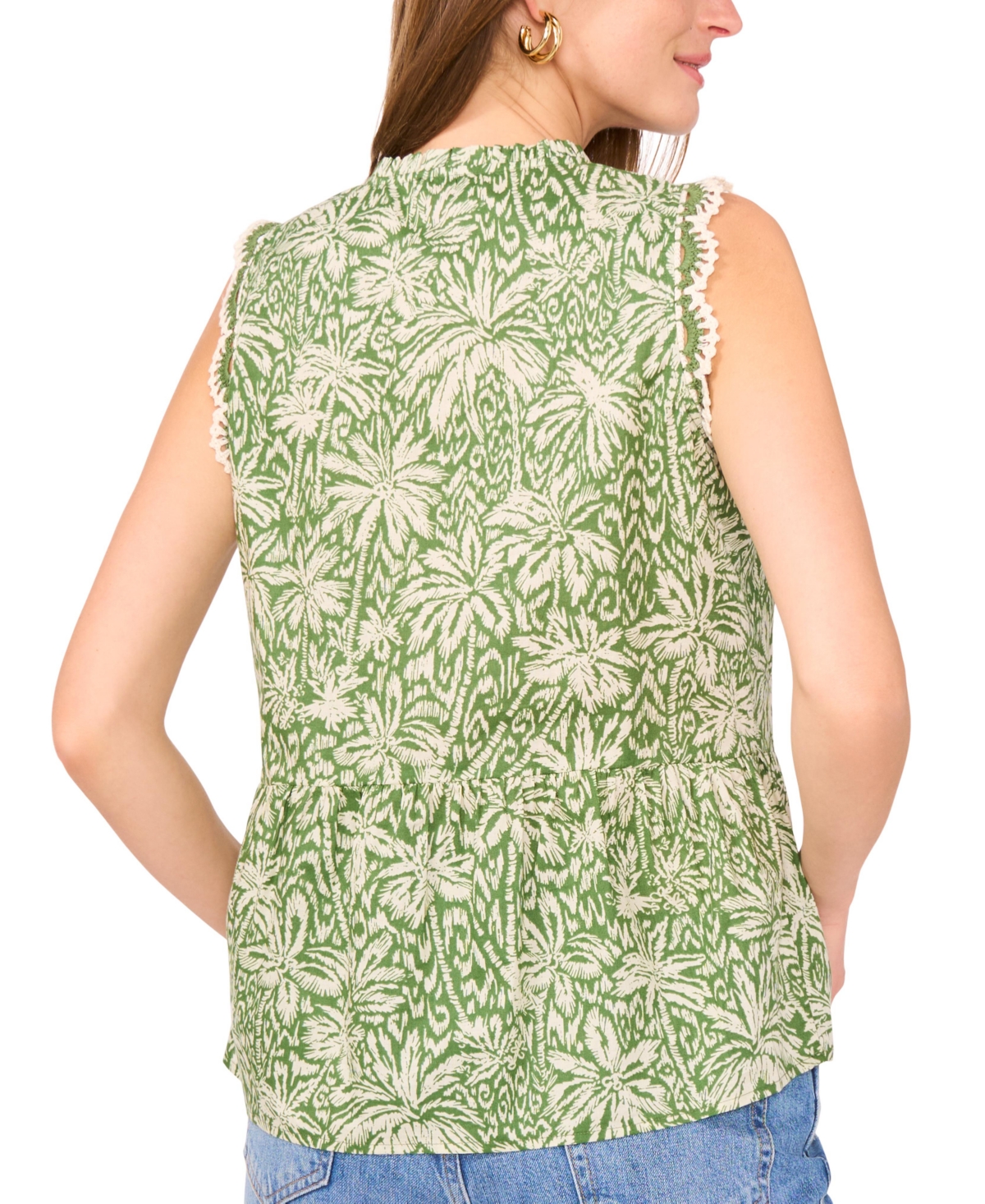 Vince Camuto Women's Peplum-hem Floral-print Crocheted-trim Top