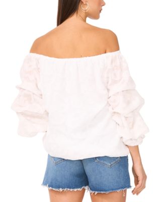 Women's Textured Off-The-Shoulder Bubble 3/4-Sleeve Tie-Front Blouse