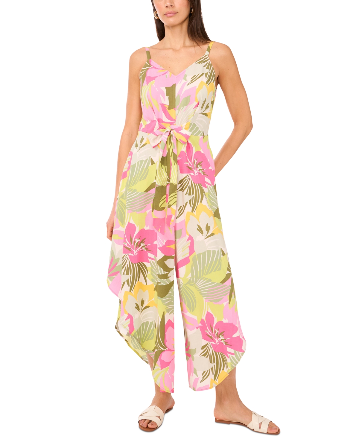 Shop Vince Camuto Women's Floral-print Angled-hem Sleeveless Jumpsuit