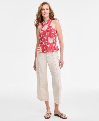 Women's Floral-Print Sleeveless Peplum Halter Top