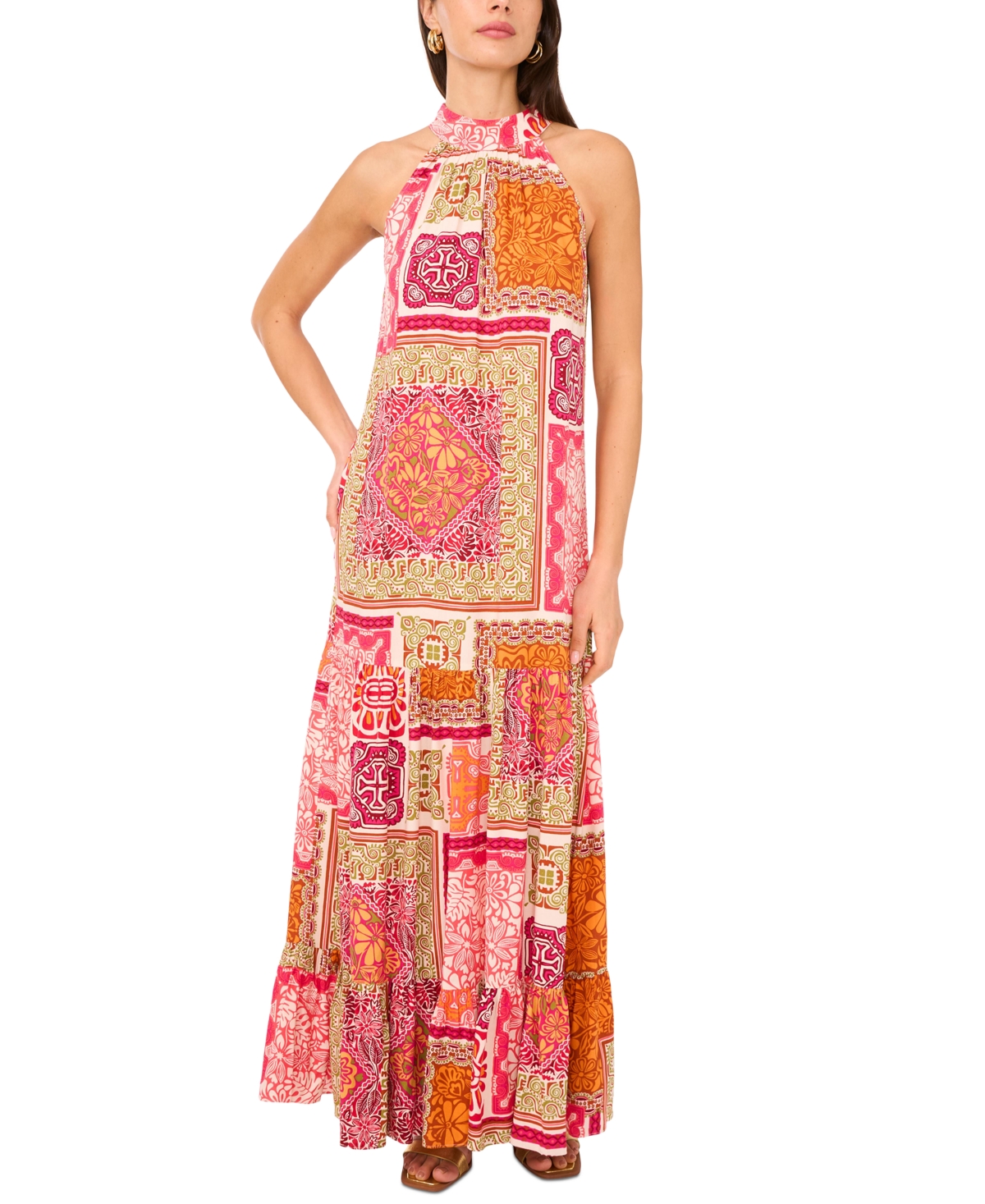 Shop Vince Camuto Women's Quilt-print Mock-neck Maxi Dress