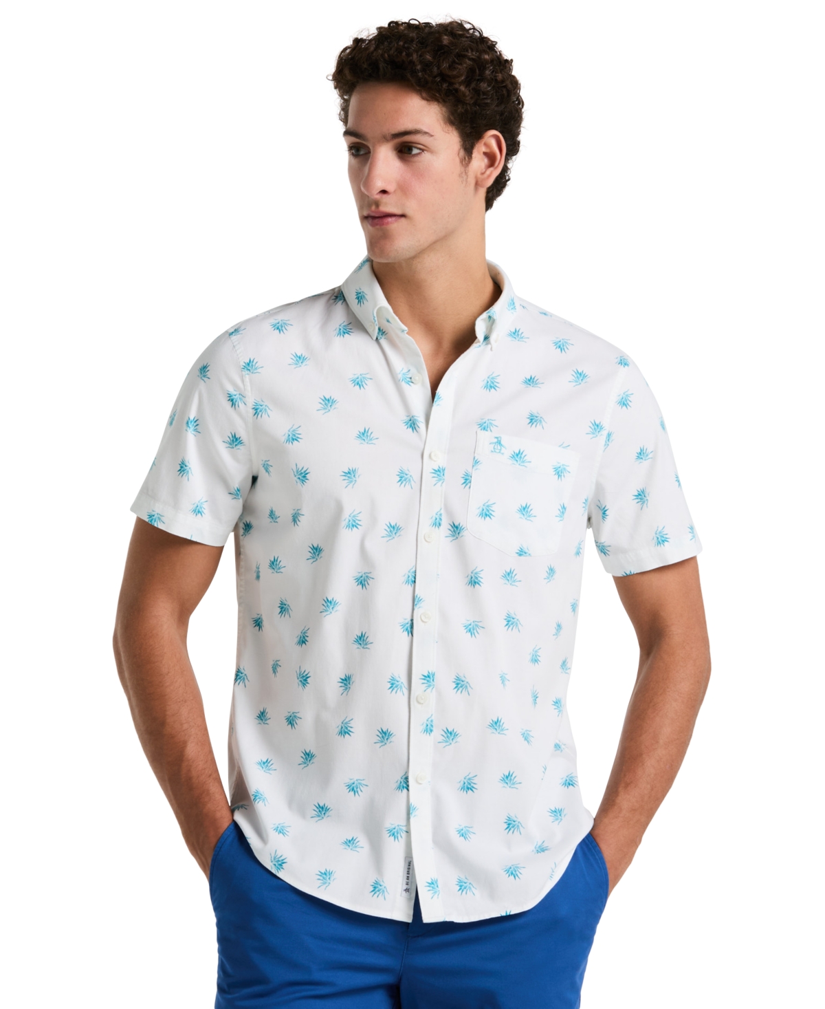 Original Penguin Men's Slim-fit Stretch Allover Print Agave Short Sleeve Shirt
