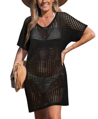 Women's Crochet Short Sleeve Cover-Up Mini Beach Dress