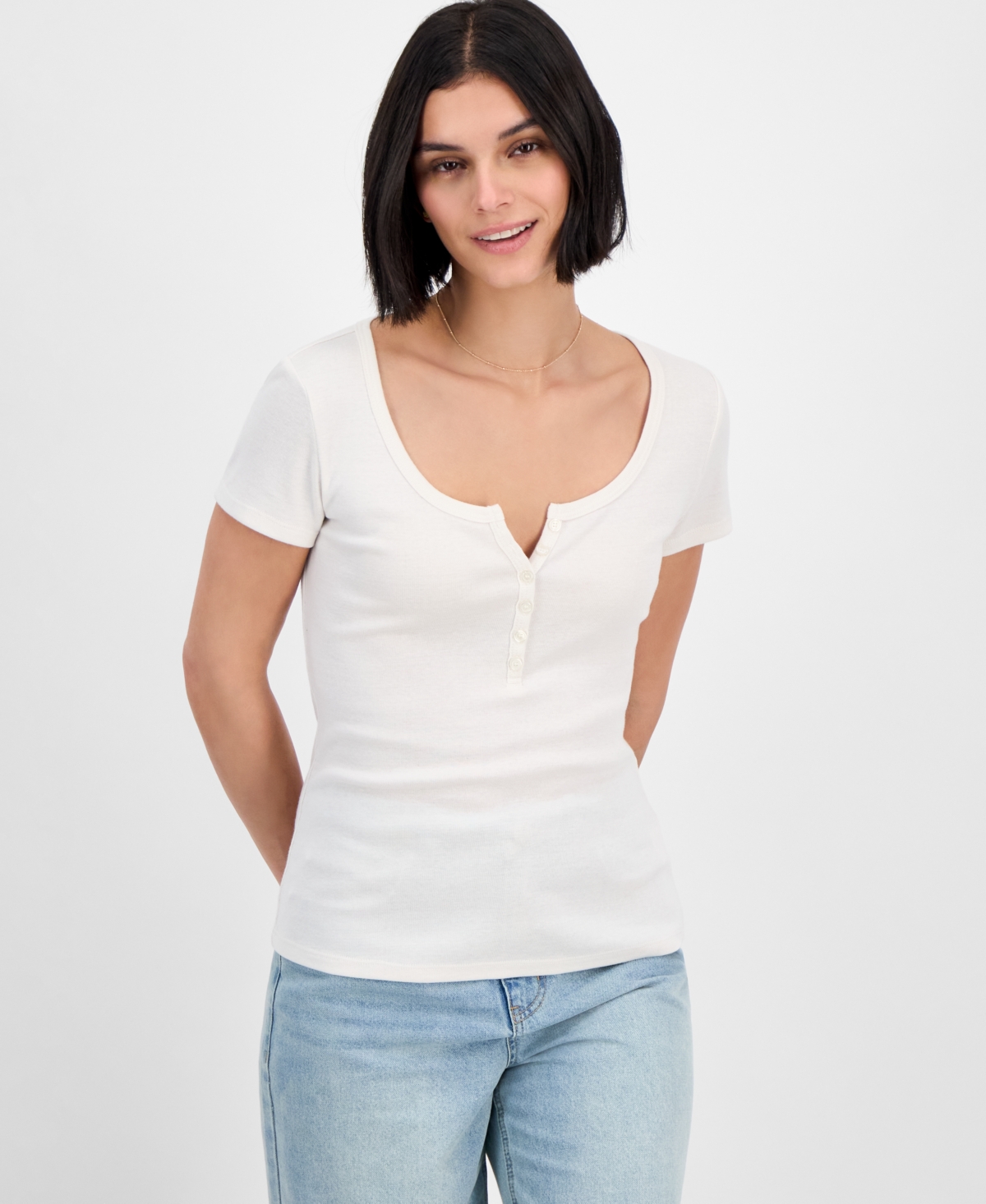 Juniors' Ribbed Henley Longline T-Shirt - Whisper White