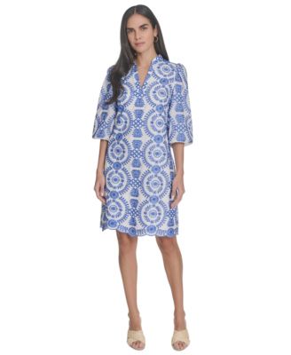 Jessica Howard - Petite Printed 3/4-Sleeve Collared A-Line Dress