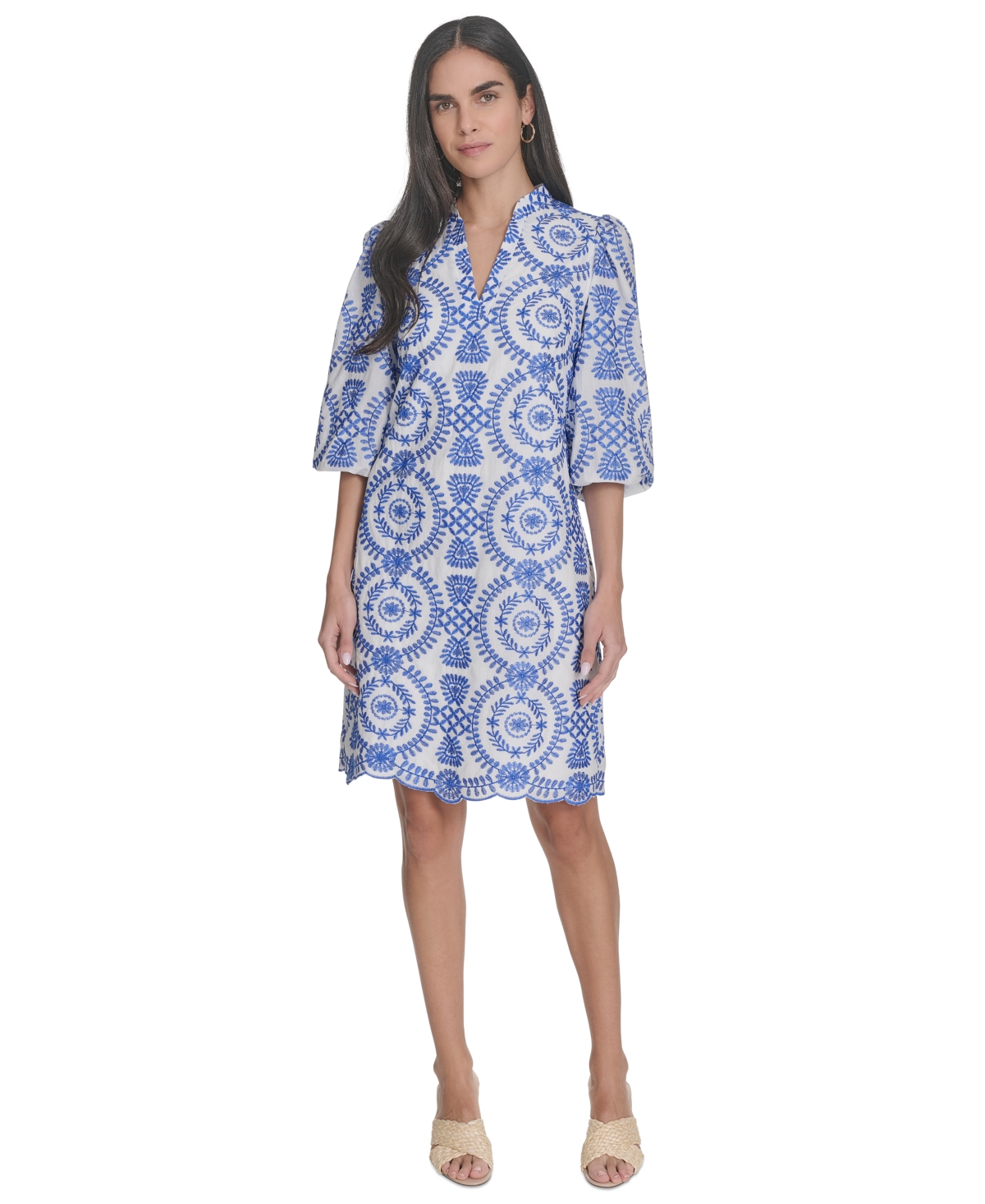 Petite Printed 3/4-Sleeve Collared A-Line Dress - Royal
