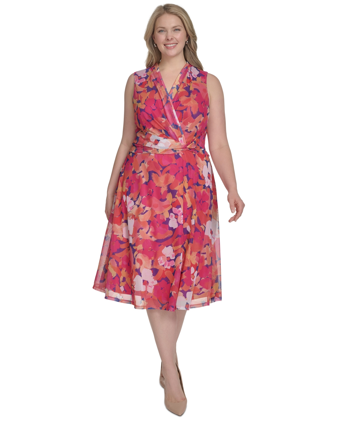 Jessica Howard Plus Size Floral Surplice-neck Midi Dress In Multi