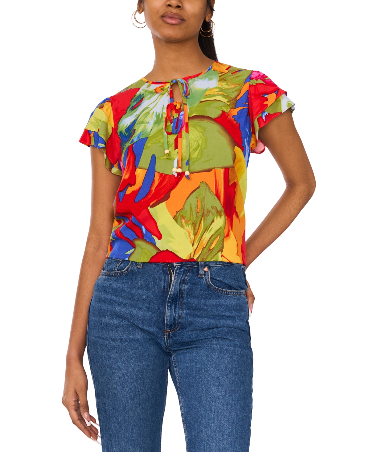 Women's Printed Flutter-Sleeve Top - Dark Red