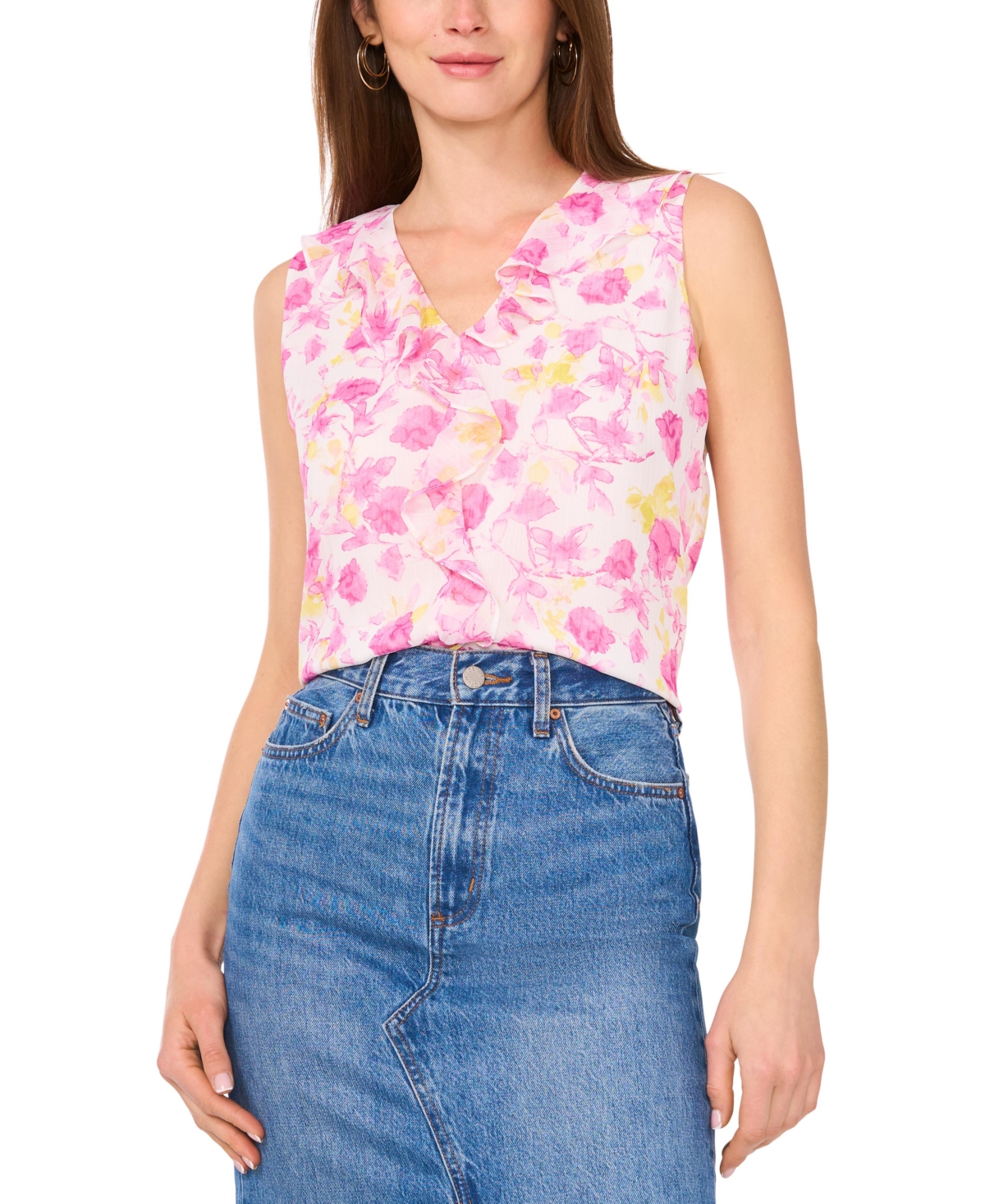 Shop Vince Camuto Women's Printed Ruffled V-neck Sleeveless Top