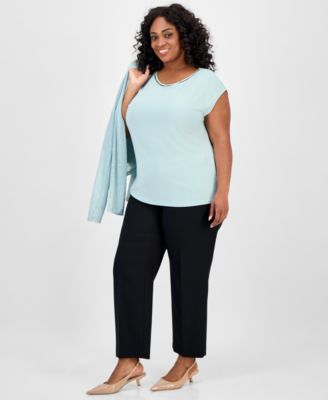 Plus Size Beaded-Neckline Short-Sleeve Top