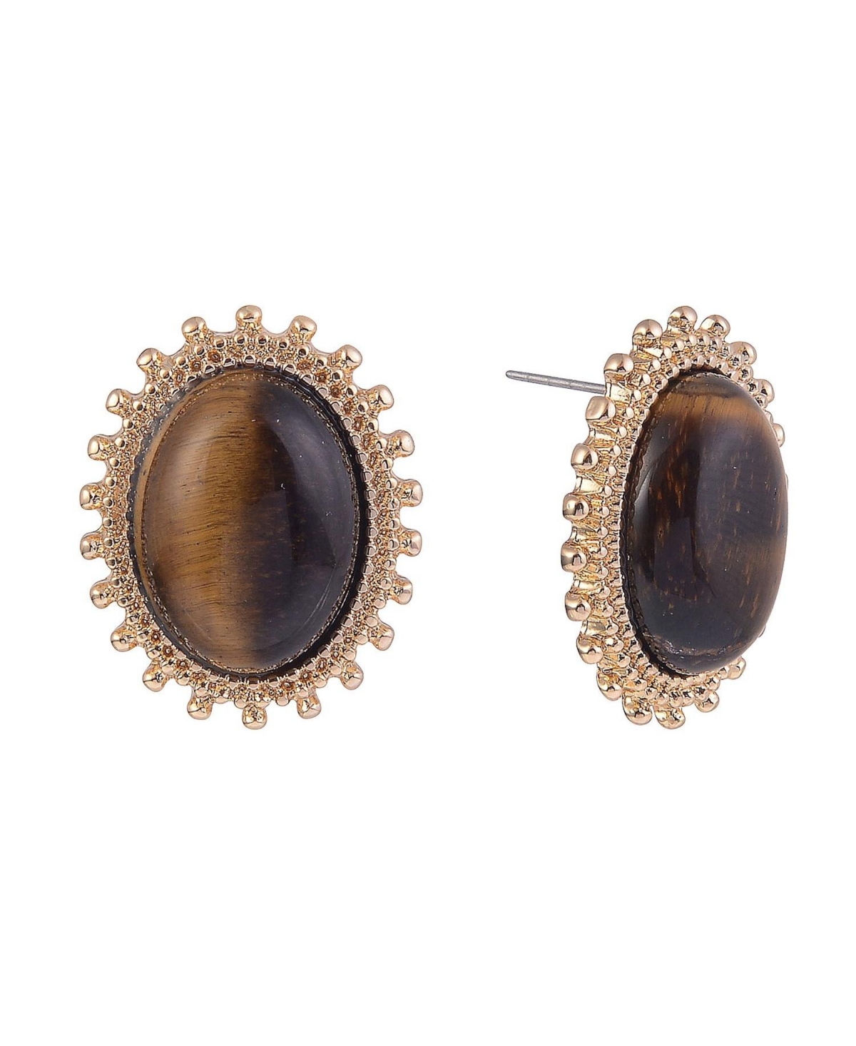 Gold Tone Tiger Eye Oval Button Earrings - Brown