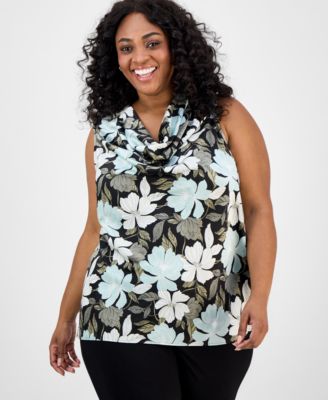 Kasper - Plus Size Floral-Print Draped-Neck Top