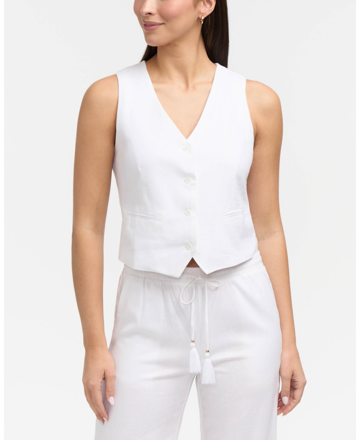 Women's Tailored Button-Front Linen Blend Vest - Marshmallow/navy stripe