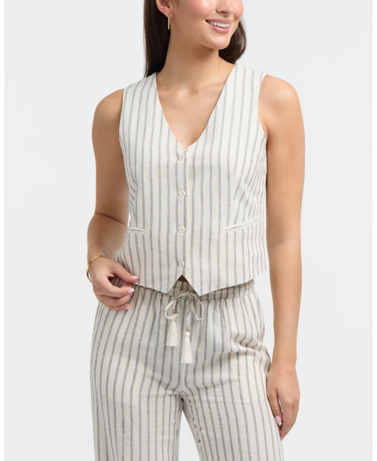 Women's Tailored Button-Front Linen Blend Vest - Marshmallow/navy stripe