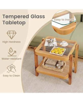 1 PCS End Table with Tempered Glass Top Acacia Wood Legs Rattan Storage Shelf