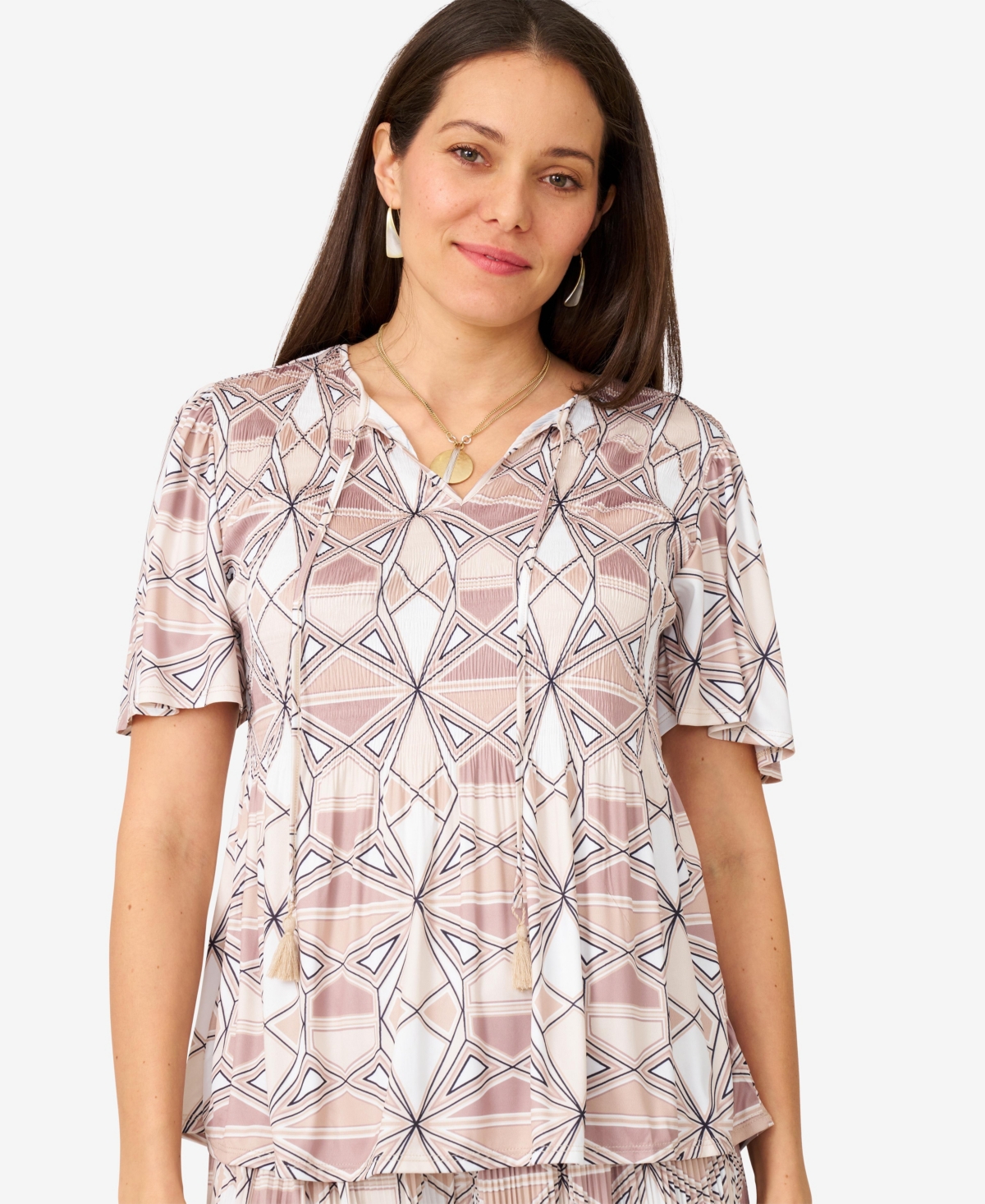 Women's Flutter Sleeve Tassel Pleated Top - Tan geo kaleido