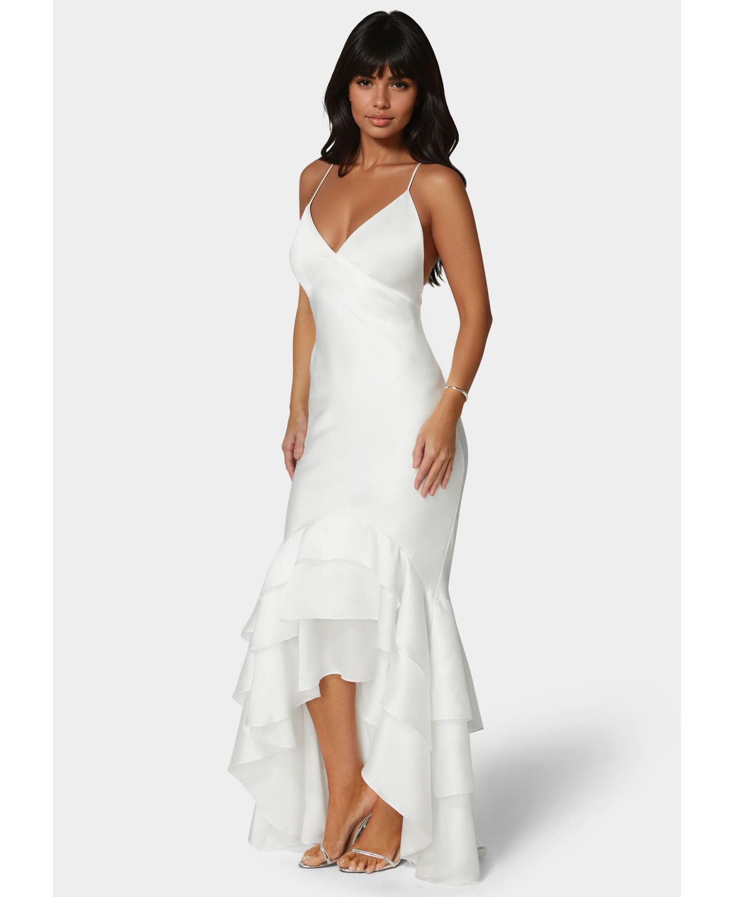 Женские платья Bebe Tiered Satin High Low Gown, цвет: Белый — фото 2