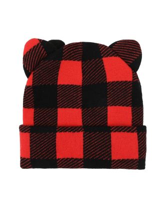 Head Shape Red Plaid Cuff Beanie With Fleece Bow