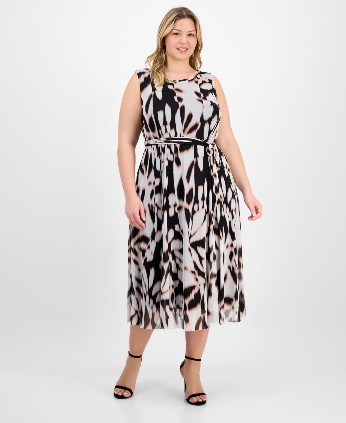 Plus Size Belted Printed Sleeveless Midi Dress - Black Multi