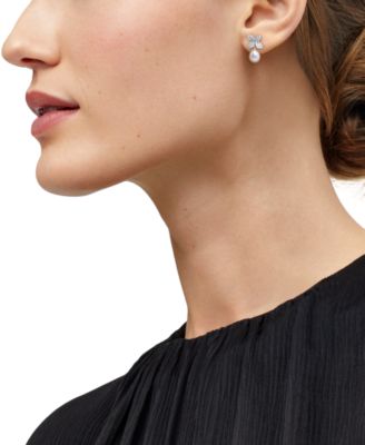 Cultured Freshwater Oval Pearl (6 - 6-1/2mm) & Lab Grown Diamond (1/2 ct. t.w.) Floral Drop Earrings in 14k Gold