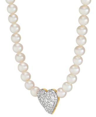Cultured Freshwater Pearl (5-6mm) & Lab Grown Diamond (3/4 ct. t.w.) Heart Pendant Necklace in 14k Gold, 18" + 1" extender